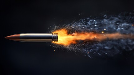 Fototapeta premium A metallic bullet in motion, emitting fiery sparks and smoke against a dark background.