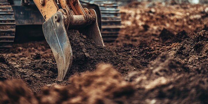 Backhoe excavating soil at a construction site, with a dirt bucket actively digging. The crawler excavator is efficiently handling soil. This earth moving machine is essential for excavation tasks.