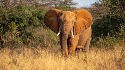 Fototapeta premium A grand bull elephant, ears flapping, stands in the golden grass of Hluhluwe Imfolozi Game Reserve. Its large tusks shine in the sunlight,