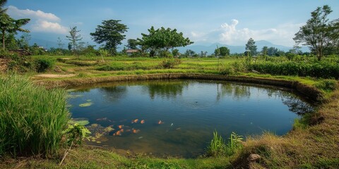 Fototapeta premium Serene fish pond nestled amidst rice fields during the dry season, showcasing the harmonious blend of nature. This enchanting fish pond complements the rustic beauty of agricultural landscapes.