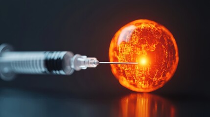 A syringe approaches a glowing, fiery orb, symbolizing a blend of science and technology, perhaps representing innovation or medical advancement.