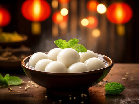 The background of a bowl of dumplings is a virtual lantern hanging scene in the Lantern Festival