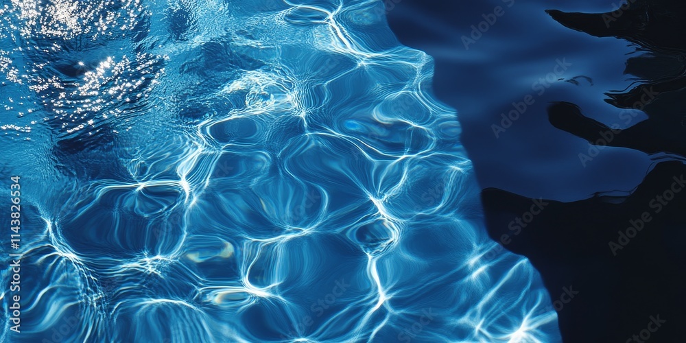 Poster Abstract shadow reflected on the water surface of a blue ceramic swimming pool, creating an intriguing visual effect that enhances the tranquil atmosphere of a swimming pool environment.