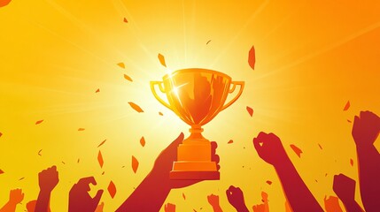 A golden trophy held high amidst cheering hands in a vibrant sunset.