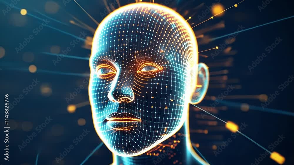 Poster complex algorithms processing big data are visualized as a futuristic head made of interconnected no