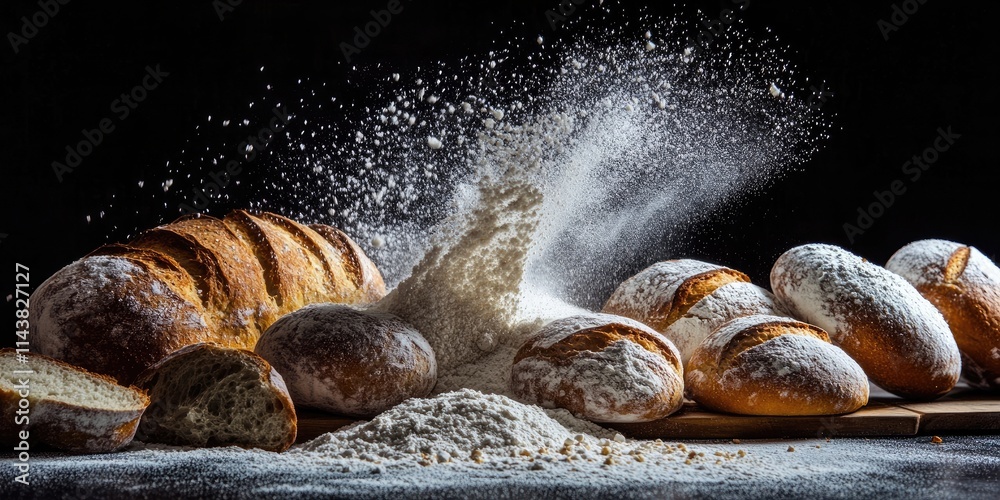 Aufkleber flour cascading onto a dark table, emphasizing the homemade bread making process. the image captures