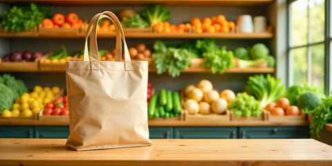 Simple tote bag on wooden table in fresh produce market with vibrant fruits and vegetables