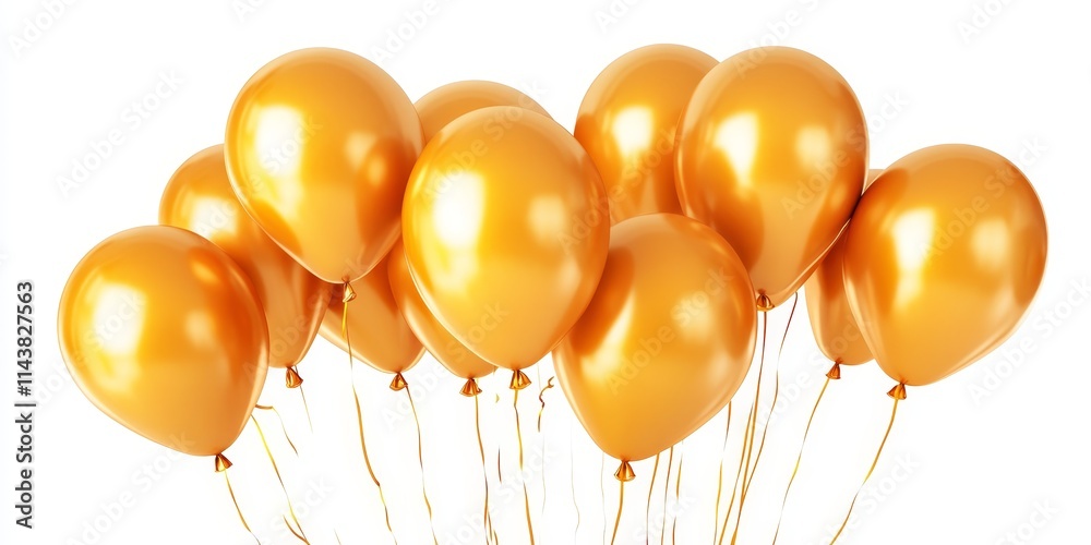 Poster golden inflatable balloons, comprising sixty percent of the set, are beautifully isolated on a white