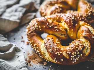 Soft pretzels with salt and seeds on a countertop, focusing on baked goods and snacks. Kitchen background, warm artificial lighting.