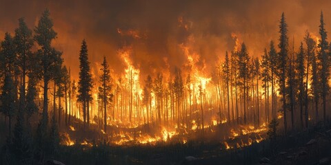 Obraz premium A wildfire rages in a forest filled with fir and aspen trees, showcasing the intense impact of a wildfire on natural landscapes dominated by fir and aspen vegetation.