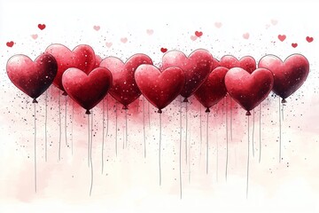 Valentine's Day background with flying hearts and hand-drawn love balloons on a white background. 