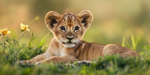 Obraz premium Lion cub rests in the grass, attentively facing the camera. This charming lion cub captures the essence of wildlife, showcasing the beauty and curiosity of nature through its gaze.