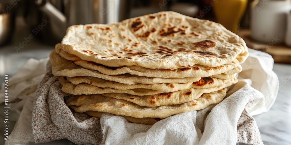 Poster freshly baked flatbread stacked neatly and wrapped in a kitchen towel, showcasing the warm and invit