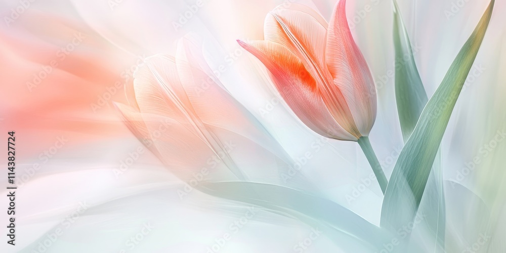 Aufkleber Abstract background featuring blurred leaves and stem of a tulip, creating an artistic representation of nature. The tulip s soft forms and colors enhance the overall blurred abstract background