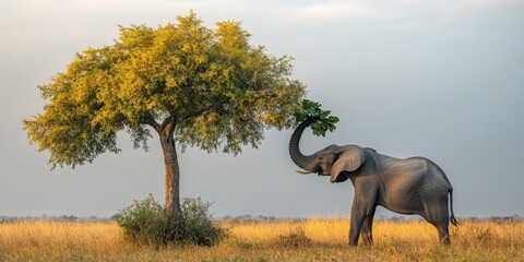 Fototapeta premium Elephant reaches high with its trunk to gather leaves from a tall tree, showcasing the unique behavior of an elephant while foraging for food in its natural habitat.