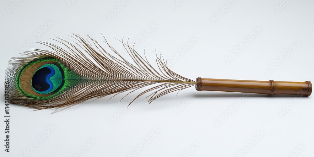 Aufkleber Peacock feather and flute displayed against a white background create a captivating visual. The harmony of the peacock feather and flute adds an artistic touch to the composition.