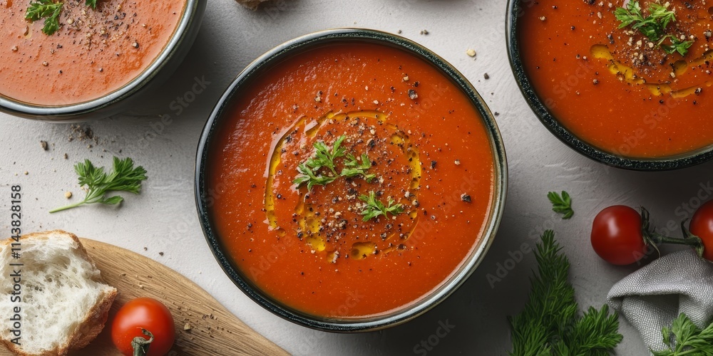 Poster vegan tomato soup displayed on a light stone table, showcasing a vibrant arrangement. the top view c