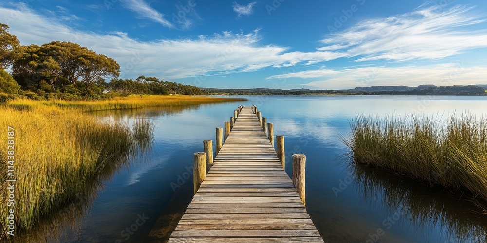 Poster scenic jetty in a coastal area, featuring a beautiful view. this jetty serves as a perfect spot for 
