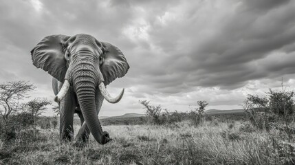 Fototapeta premium A majestic African bull elephant, with large tusks and flapping ears, strides through the grasslands of Hluhluwe Imfolozi. The endless plains stretch before it,