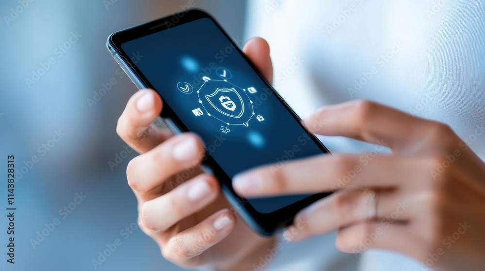 Wall mural close up shot of hands holding a sleek and modern smartphone with futuristic user interface and tech