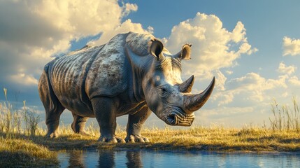 Fototapeta premium A stunning image of a white rhino near a waterhole in KwaZulu-Natal, South Africa. The large form contrasts beautifully with the sparse grasslands and the clear blue water of the waterhole.