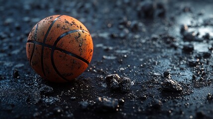 A weathered basketball rests on a gritty surface, showcasing its vibrant orange hue against a dark, textured background.