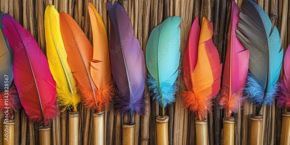 Aufkleber colorful feathers attached to bamboo sticks create a vibrant display. these bamboo sticks adorned wi
