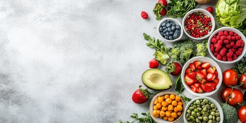Healthy food and weight loss concept featuring a diet and fitness theme. This top view flat lay emphasizes healthy food choices and weight loss strategies, offering a clean copy space.