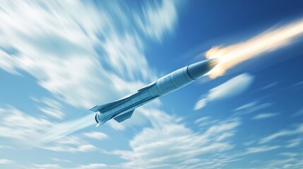 Fototapeta premium A sleek missile soaring through a blue sky with trailing smoke and flames, symbolizing advanced technology and power.