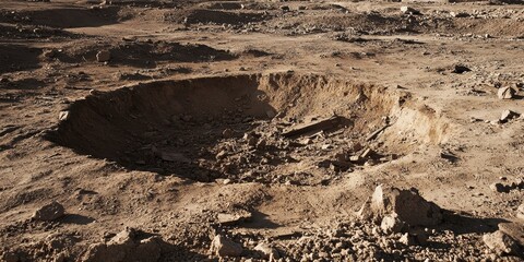Crater resulting from explosive detonation in a war zone, showcasing the aftermath of hostilities. The pit in the ground illustrates the destruction caused by the explosion of projectiles and mines.