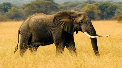 Fototapeta premium An adult bull elephant with its tusks flapping its ears confidently walks through the grassy plains of Hluhluwe Imfolozi.