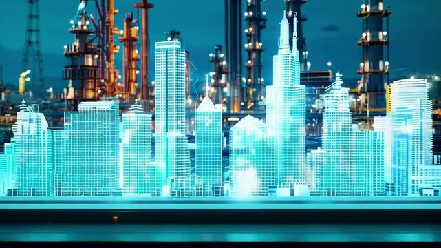 Digital cityscape is growing from a tablet in an industrial area at night. This illustrates the concept of innovation in urban planning and smart cities