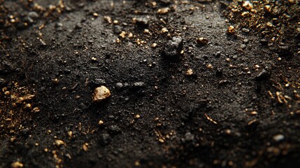 Close-up of rich, dark soil with pebbles and organic matter, showcasing textures and colors.