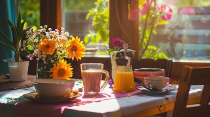 Sunny breakfast table with fresh flowers, medium shot showcasing the vibrant and cheerful morning setup, natural sunlight.