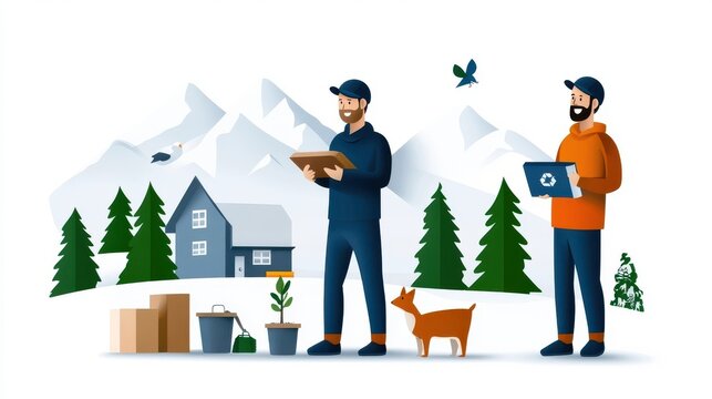 Construction worker standing in a snowy mountain landscape inspecting a building site while using a laptop computer  A dog is also present in the scene adding to the outdoor nature oriented setting