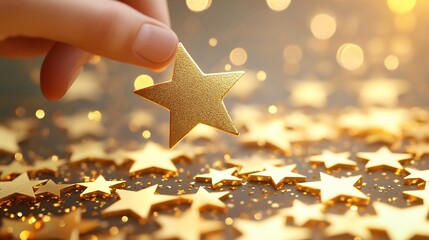 A hand delicately holds a golden star above a scattered background of shimmering star decorations.