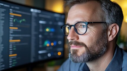 Focused male programmer wearing glasses and beard analyzing data and coding on computer screen in modern office workspace environment