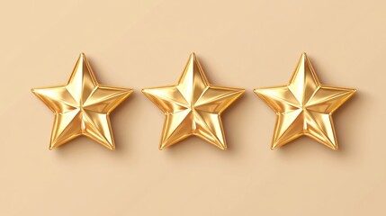 Obraz premium Three shiny golden stars arranged in a row against a soft beige background.