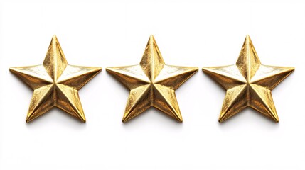Obraz premium Three three-dimensional gold stars arranged in a row, showcasing their shiny surfaces and intricate details.