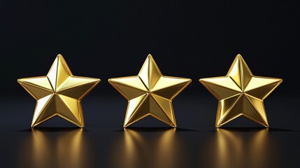 Three shiny gold stars arranged elegantly on a dark surface, reflecting light beautifully.
