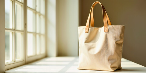 Stylish Tote Bag on Table by Window Bathed in Natural Sunlight Glow