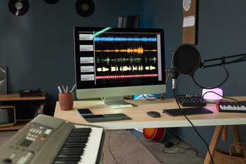 Modern recording studio with computer and synthesizer