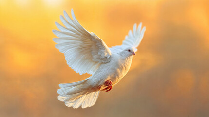 Beautiful White Dove Flying Against Golden Sunset Sky, Wings Spread in Graceful Flight, Symbolizing Peace and Freedom in Warm Natural Light