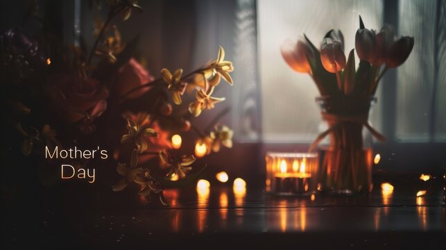 Text "Mother's Day" on a dark background with lighting, celebrating the holiday honoring mothers, soft indoor lighting.