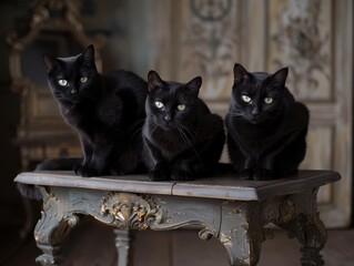 Three black cats sitting on a fancy wooden table, creating a mysterious and elegant scene. Soft, dramatic lighting.
