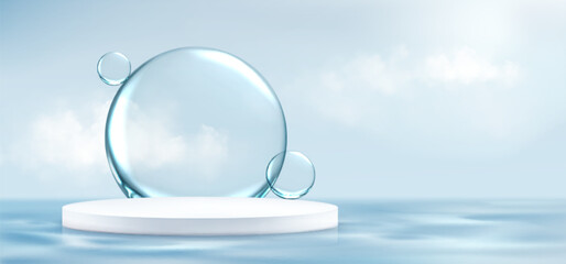 Minimalistic promotion composition with white circular podium set on clear blue water surface background, floating transparent bubbles for showcasing skincare products, fresh or wellness themes.