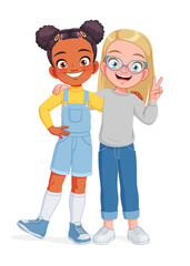 Two young girls hugging each other. Happy best friends. Friendship concept cartoon vector illustration.