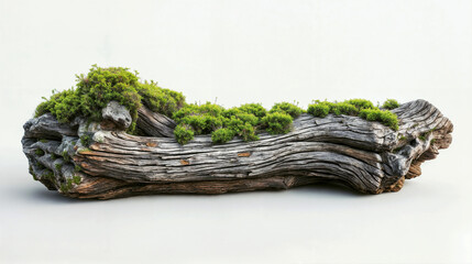  Weathered Driftwood Log with Green Moss Growing on Top, Natural Decay and Growth Process Against White Background, Organic Forest Detail