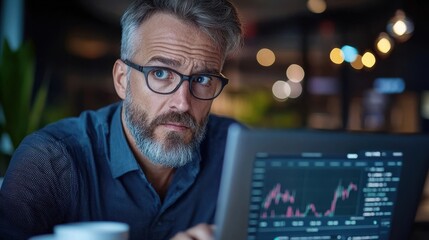Focused middle aged businessman analyzing financial data and market trends on laptop computer at his desk in a modern office environment