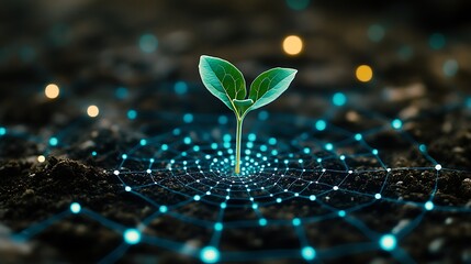 Growing Plant Emerging from Soil with Digital Network Technology Concept for Sustainability